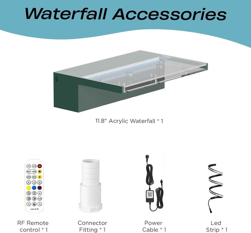 Kfpmx Acrylic Pool Fountain Waterfall with LED Lights - 11.8" LED Strip Remote Control with 18 Colors, Smooth Water Flow & Cascade Blade, Easy Installation for Outdoor, Garden, Patio & Ponds - Image 4